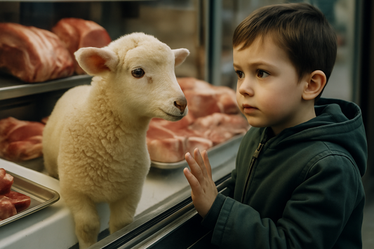 Raw lamb shank on a white plate in a butcher shop, with lamb carcasses hanging in the background.