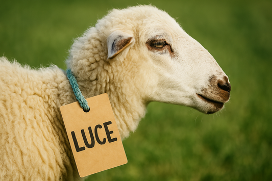 A sheep with a name tag around its neck, standing in soft natural light with blurred words like “livestock” and “meat” faded in the background.