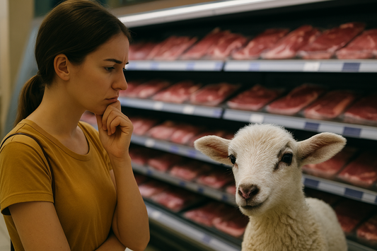 A young woman stands thoughtfully in front of a meat counter while a lamb looks directly at the viewer, highlighting the ethical contrast between choice and consequence.